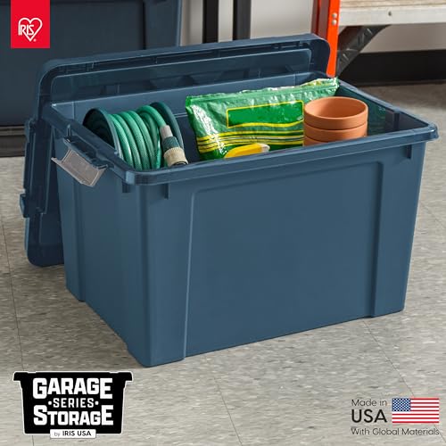 Image of IRIS USA 20 Gallon Eco-Friendly Lockable Storage Bins with Lids, 4 Pack - Made in USA, Heavy Duty, Stackable Containers, Garage Organizing Bins Moving Tubs, Rugged Sturdy Equipment Utility Box - Navy