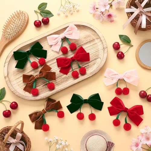 Suncalla 8 Piezas Pinzas para el Pelo con Lazo de Terciopelo y Adornos de Cereza, Broches de Cocodrilo Rojos con Pompones, Accesorios Lindos para Mujer miniatura 6