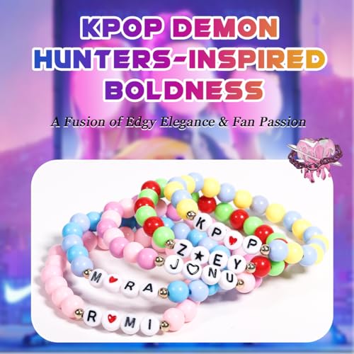 AICase for Kpop Demon Hunters Merch Rumi Zoey Mira jinu Inspired Bracelets 5 Pcs Stackable Stretch Friendship Beaded Bracelets for Huntrix Saja k pop Merchandise Jewelry Gifts for Fans_572