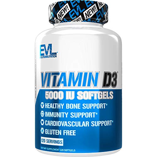 Evlution Nutrition Vitamin D3, 5000 IU High Potency, Bone and Joint Support, Heart and Immune System Health, Non-GMO and Gluten-Free, Value Size (120 Servings)