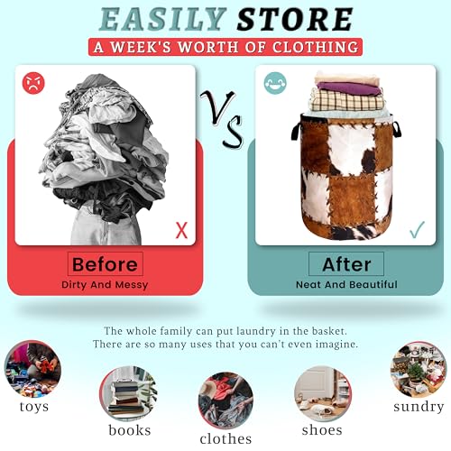 Image of Retro Cows Print Laundry Basket Oxford Cloth Animal Tote Bag | Personalization With Handles Funny Laundry Hamper Clothes Toy Storage Bucket For Bathroom /Laundry Storage /Bedroom