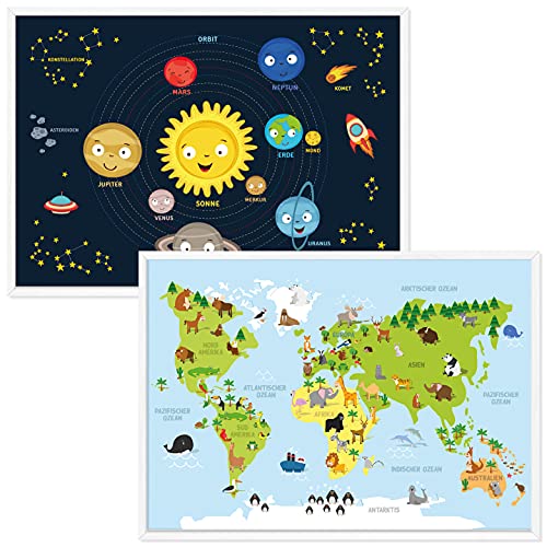 kizibi® Weltkarte und Planeten Poster Set A2 mit Rahmen Holz Weiß für...