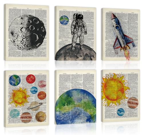 Image of CHDITB Vintage Space Canvas Wall Art, Antique Dictionary Astronaut Decor, Retro Solar System Framed Poster, Celestial Planets Artwork, Outer Space Room Prints For Kids Bedroom Nursery Decor 8 inchX10 inchX6