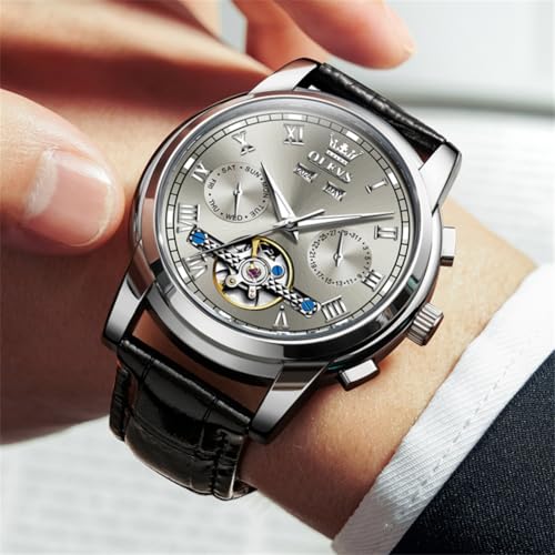 Image of OLEVS Mechanical Dress Mens Watches Square Brown Leather Strap Moon Phase Skeleton Tourbillion Day Date Waterproof Luminous Men's Wrist Watches