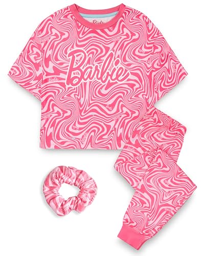 Barbie Girls Pajama Set | Childrens Wavy All Over Print Pink Short Sleeve Long Leg Graphic PJs Bundle with Scrunchie