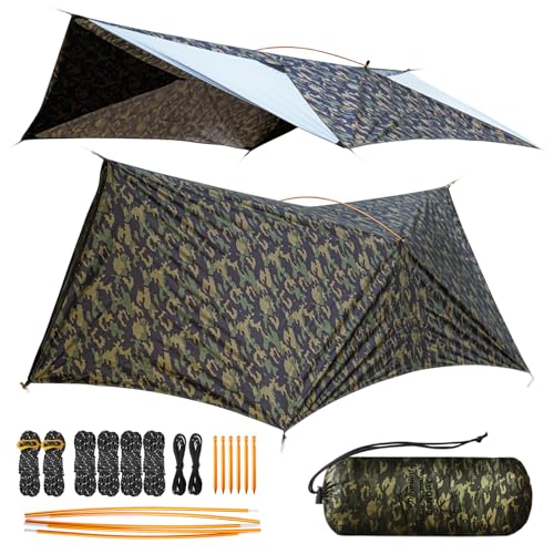Travel Bird Ultralight Tarp, 14ft Hammock Rain Fly Lightweight Waterproof Camping Tent Tarp with Doors, Bushcraft Tarp Shelter for Backpacking Hiking Camping