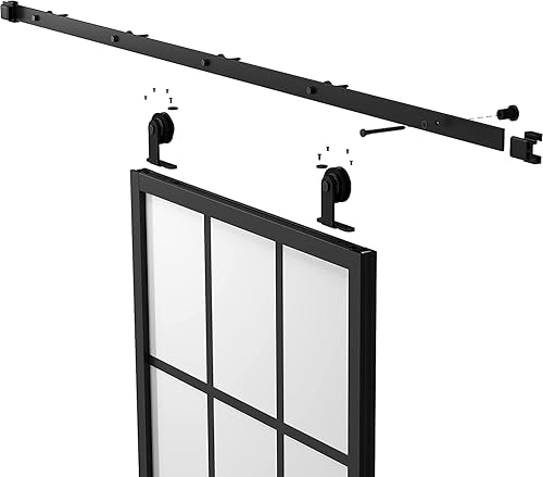 Miniatura 4 de BARNSMITH Puerta de granero de vidrio esmerilado de 30 x 84 pulgadas con kit de herramientas montadas en la parte superior de 6 pies, incluye