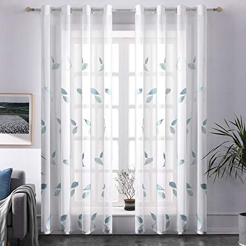 MIULEE Cortina Bordado Translucida de Dormitorio Moderno Ventana Visillos Rayas Salon Paneles con Ojales Plateados para Sala Cuarto Comedor Salon Cocina Habitación 140x245cm Hoja De Arce Azul