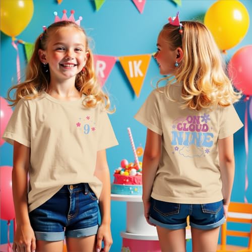 Image of 9th Birthday Shirt Girl On Cloud Nine Graphic Tee 9 Year Old Birthday Party T-Shirt Girl Summer Short Sleeve Top
