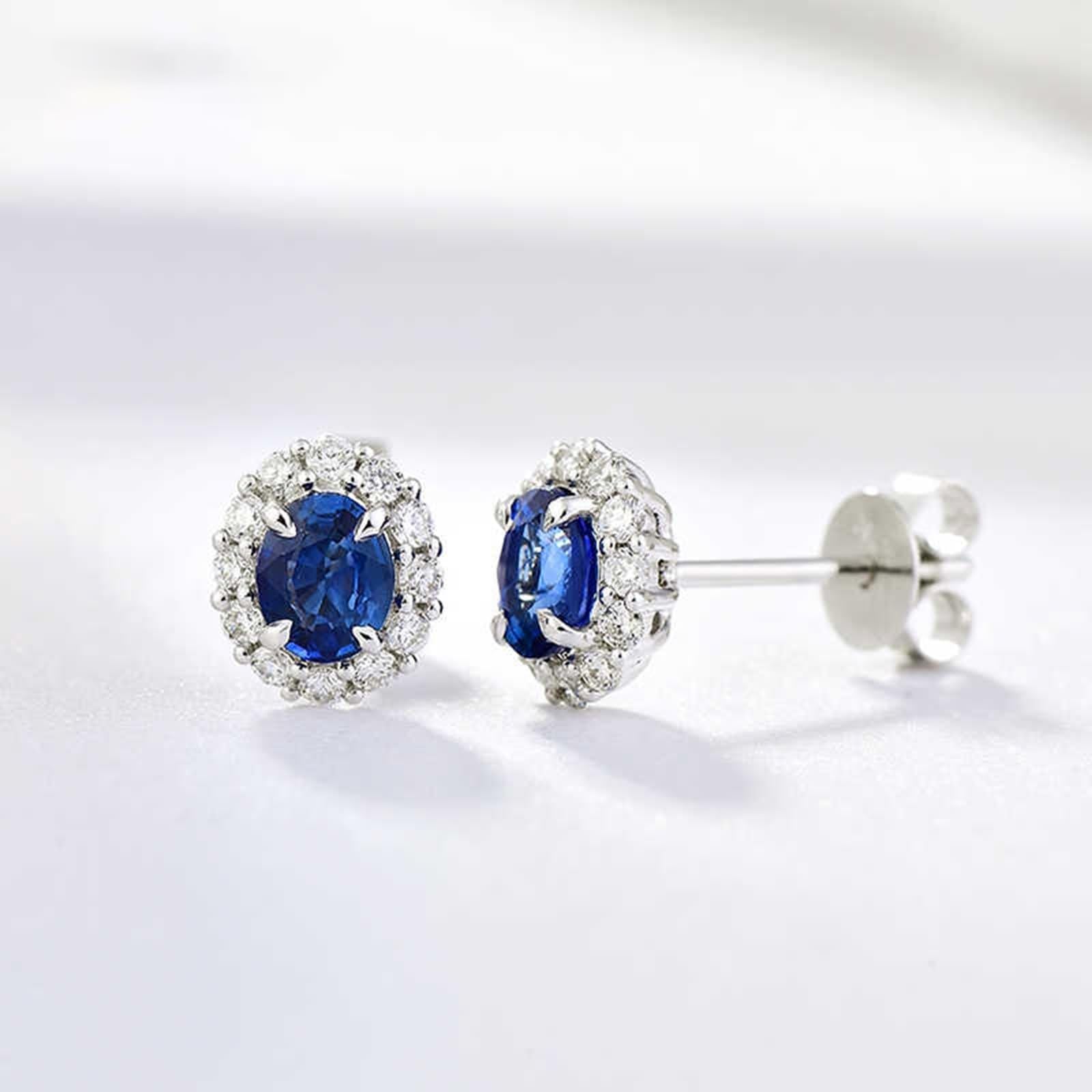 Pendientes de boda, pequeños aretes ovalados con zafiro de 0,9 quilates, oro blanco, regalos de cumpleaños para mujer