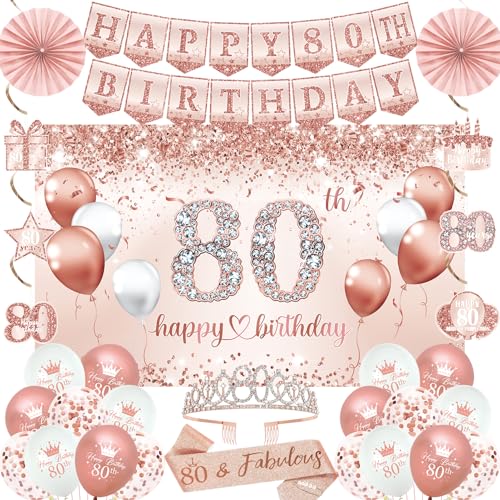 Trgowaul 80th Birthday Decorations for Women, 30pcs Rose Gold Happy Birthday Party Supplies, 80th Crown and Sash, Banner, Hanging Swirl Flag, Balloons, 80 Year Old Party Decoration Set