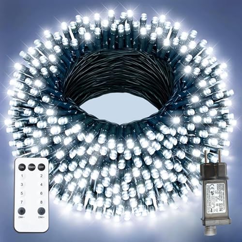 XmasBokeh LED Lichterkette Außen 20m 200 LED Kaltweiß Strombetrieben mit Fernbedienung Timer Memory Funktion 31V Stecker IP44 Wasserdicht Grünes Kabel für Garten Party Innen