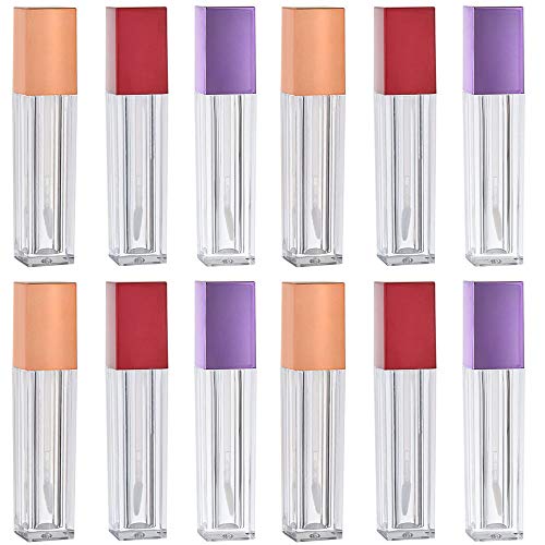 RONRONS 12 Pieces Square Lip Gloss Tubes Containers, Empty Lip Gloss Balm Bottles with Cap and Rubber Inserts, Clear Mini Refillable Lipstick Samples Travel Split Charging DIY Makeup for Women Girls