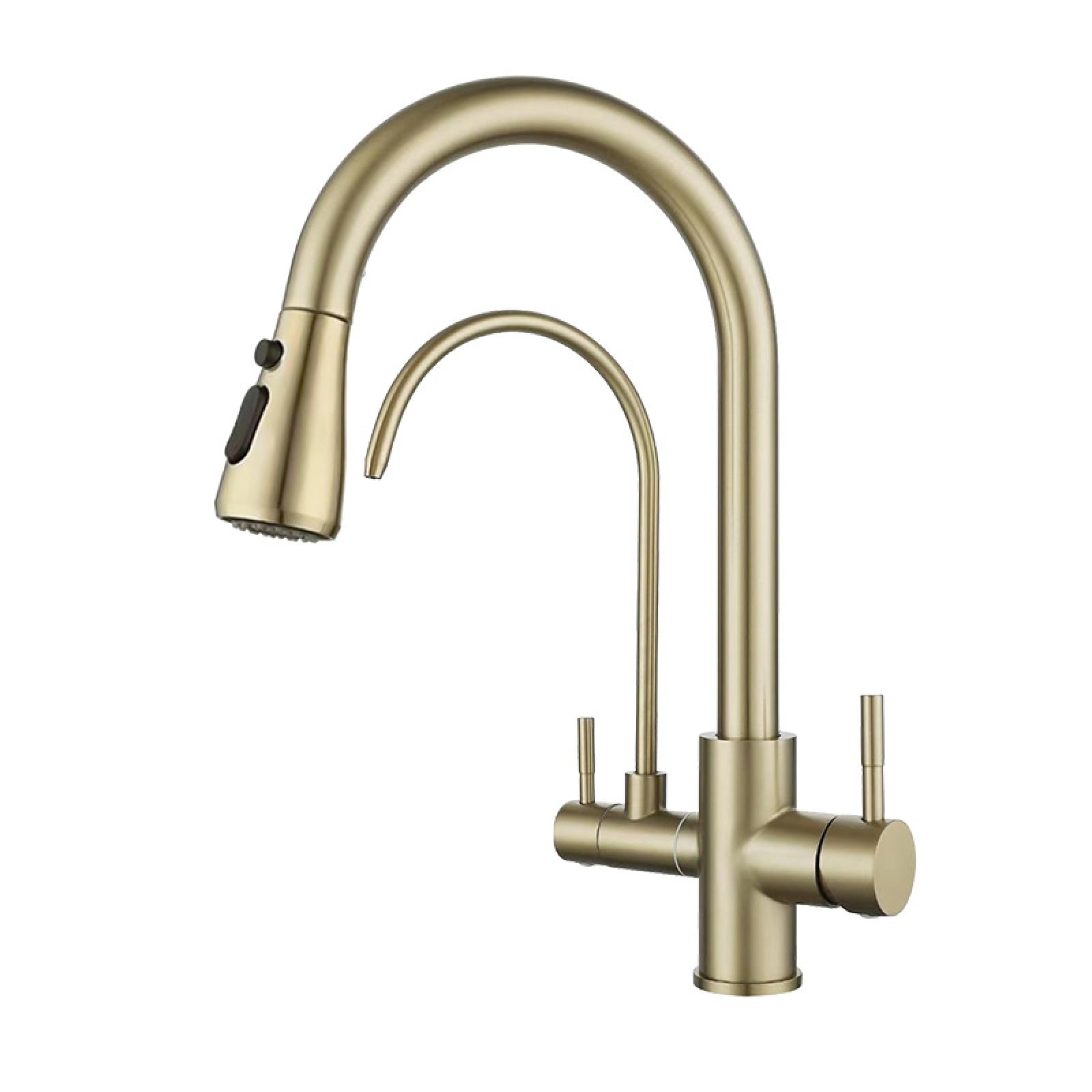 Fanjubei Brushed Gold Color Kitchen Stainless Steel Pull-Out Rotating Hot And Cold Direct Drinking Water Faucet