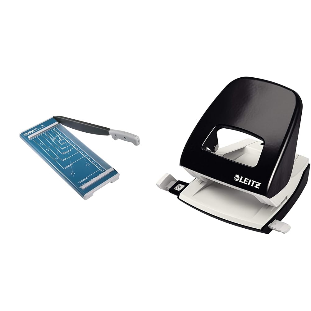 Dahle 502 Hebel-Papierschneider & Leitz Büro Locher aus Metall, Für 30 Blatt, Anschlagschiene mit Formatangaben, Die Nummer 1 am Markt, Ergonomisches Design, schwarz, 50080095