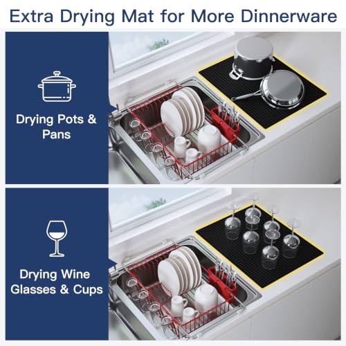 Image of JASIWAY Red Dish Drying Rack in Sink with Mat, Cups and Utensil Holder