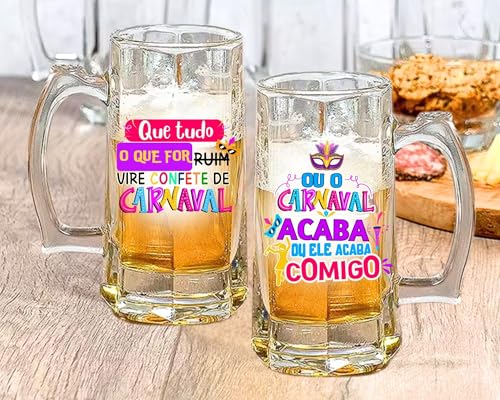 Kit 2 Caneca Zero Grau Chopp Personalizada Festa Carnaval 360ml Vidro Transparente C/Frases Bloquinh