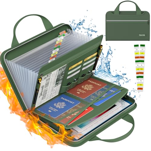Image of Tamfile Fireproof Accordion File Organizer with Handle, 13 Pocket Expanding File Folder with Zipper & Labels, File Folder with Multi-Pockets Paper Organizer Folder for Letter A4 Files, Green