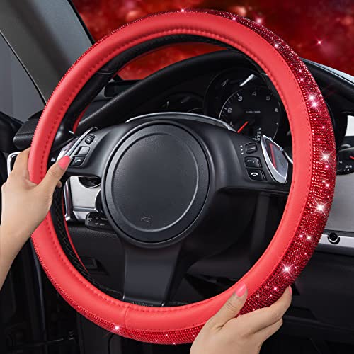 Image of CAR PASS Bling Diamond Leather Steering Wheel Cover, with Bling Sparkly Crystal Glitter Rhinestones Universal Fit 14 inch 1 /2-15 inch Car Wheel Protect for Women Girl Fit Suvs,Vans,Sedans,Cars,Trucks, Red