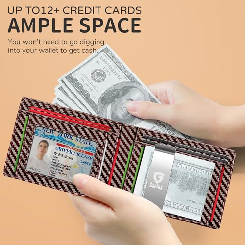 GSOIAX Slim Wallet for Men with Money Clip, Minimalist Leather RFID Blocking Bifold Small Thin Front Pocket Carbon Fiber Men's Wallet,11 Credit Card Slots Holder with Gift Box (Carbon Coffee)2
