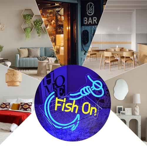 Image of Fish On Neon Sign for wall decor, Fishing Hook Neon light sign, Go Fishing Led sign for Man Cave,Fishing Neon light with Dimmable Switch for Fishing Shop, Living Room,Yacht Decor