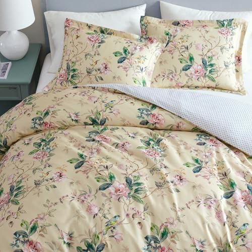 Image of Martha Stewart - Queen Comforter Set, 100% Silky Smooth Cotton Sateen Floral Bedding for Year Round Comfort, 3 Piece Bed Set with Matching Pillowcases (Songbird Yellow)