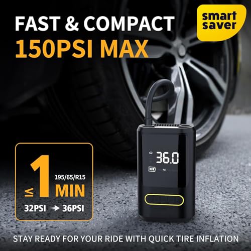Image of Smart Saver Tyre Inflator Pump, Cordless 4K MAH Battery,150 PSI Portable Car, Bike Tire Pump, Digital Gauge, Powerbank, LED, Type-C Recharge, Auto Stop for SUV Sedan, Motorcycle, Sport Equipments