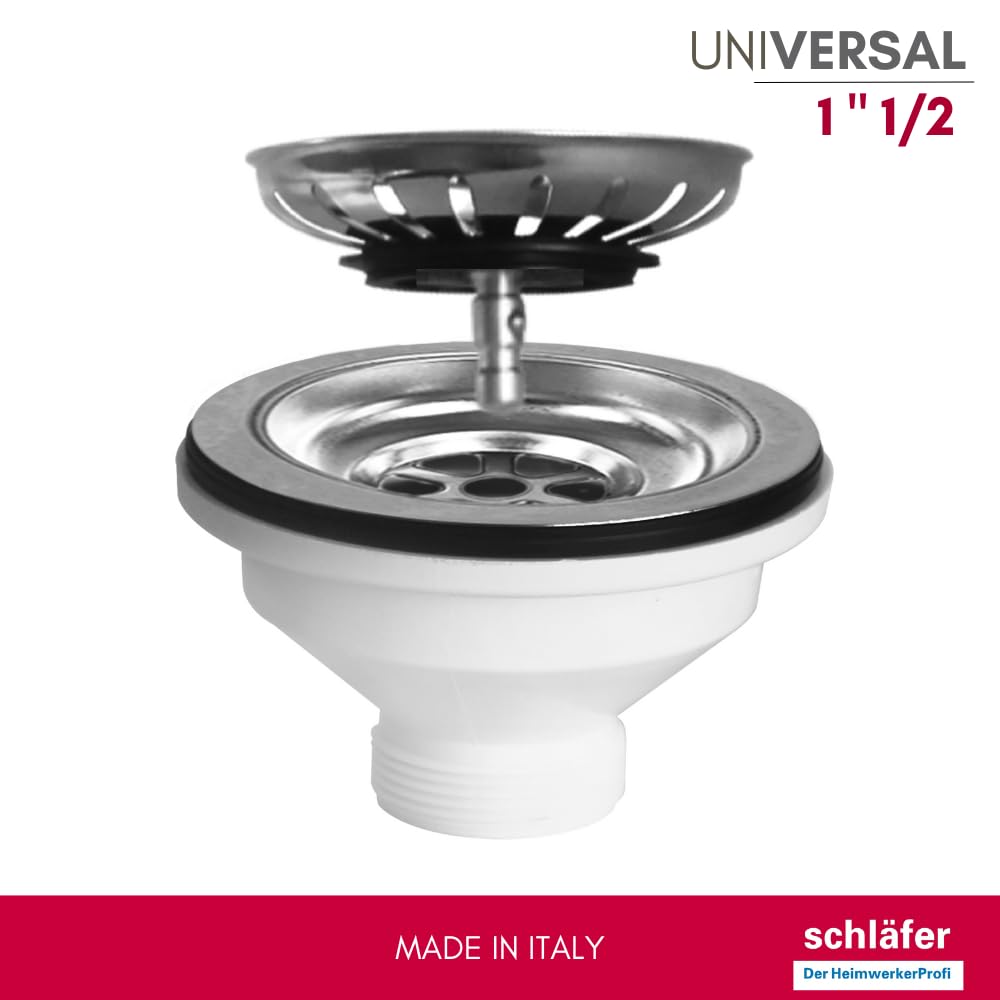 Schläfer 439726.02 | Piletta di Scarico per Lavello Tipo Basket Senza Troppo Pieno, Dimensione 1" 1/2, Foro Ø 90mm, Pilettone Ø 114mm, Piletta Standard in Acciaio Inox con Vite e Cestello, 2 Pezzi
