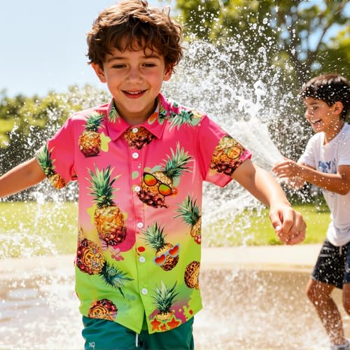 Image of uideazone Size 9-10 Boys Hawaiian Shirts Kids Short Sleeve Button Down Casual Shirt Pineapple Print Blouse Beach Style Summer Wear Tops for Dailywear Camping Hiking Climbing Beach Volleyball