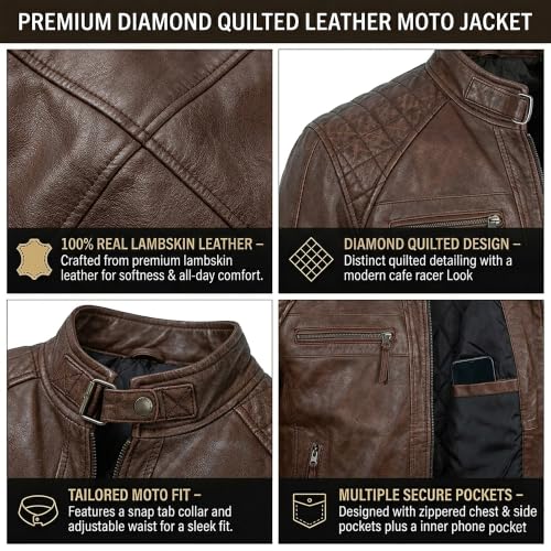 Image of Mens Vintage Retro Biker Cafe Racer Jackets - Diamond Quilted Style Genuine Leather Motorcycle Jacket