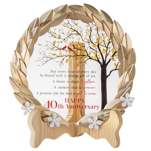 40th Anniversary Wedding Gift Crystal Plate with Gold Leaf Wreath - Happy 40th Anniversary Wedding Decorations Gifts for Parents Couple - 40th Wedding Anniversary Unique Gift