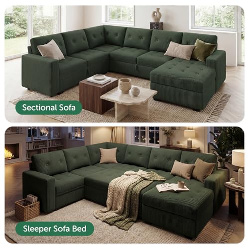 Image of HONBAY Modular Sectional Sleeper Sofa with Pull Out Bed, U Shaped Sleeper Couches with Storage Chaise, 114'' Sleeper Sectional Sofas for Living Room, Apartment (Velvet Green)