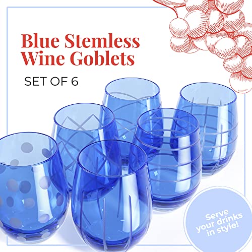 American Atelier Medallion Stemless Wine Glass Set Of 6, 17 Oz, Etched Patterns, Textured Glass Cups, Glasses For Red Or White Wine, Stemless Goblets, Fifth Avenue Crystal, Blue #TOP1