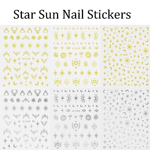 Zdiwoo ZDIWOO-1276 6 Sheets Star Nail Art Stickers 3D Self-Adhesive Gold Silver Sun Moon Nail Stickers Heart Nail Decals Nail Art Supplies Designs Star Moon Sun Nail Charm thumb #1