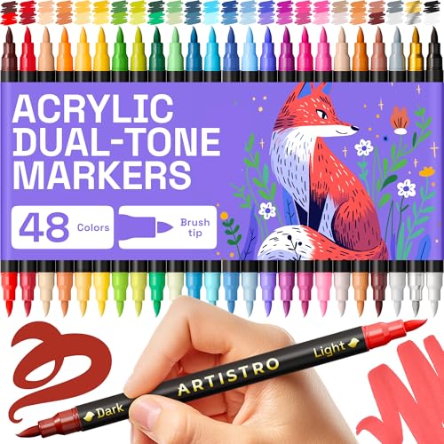 Image of ARTISTRO Paint Markers 48 Colors - Acrylic Pens for Rock, Glass, Fabric, DIY - Art Supplies - 24 Dual Brush Tip Markers