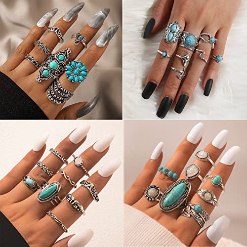 Vintage Silver Knuckle Rings Set for Women Western Turquoise Rings Bohemian Midi Ring Bulk, Chunky Rings,Retro Stone Crystal Stackable Joint Finger Ring Pack3