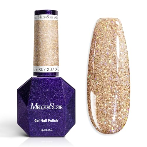 Image of MelodySusie Galaliver Gold Glitter Gel Nail Polish, 15ML Sparkly Champagne Shimmer Gel Polish Soak Off UV LED Cured Long Lasting Gift for Women DIY Nail Design Nail Art Manicure X07