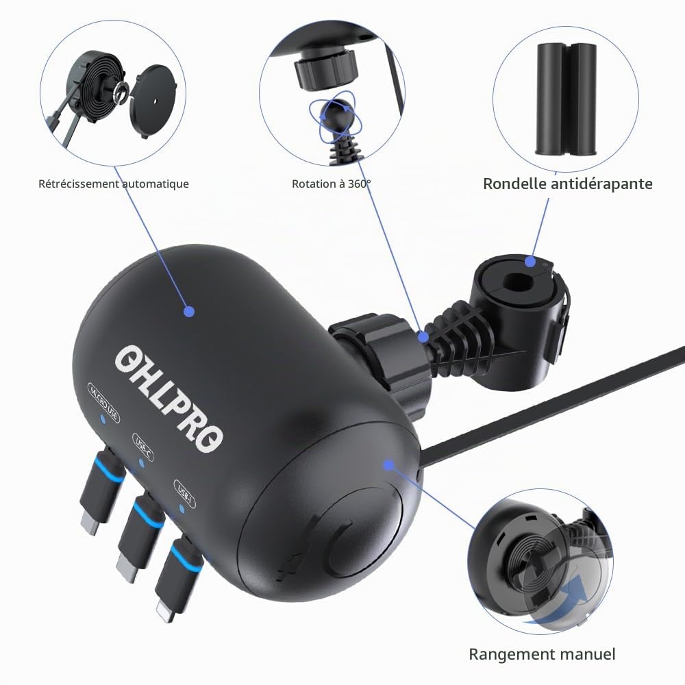 OHLPRO Lot de 2 chargeurs de Voiture rétractables pour siège arrière - Station de Charge Multifonction 3 en 1 avec USB-C/USB-i/Micro-USB, Charge Rapide 15 W pour iPhone, Samsung, Android, Support