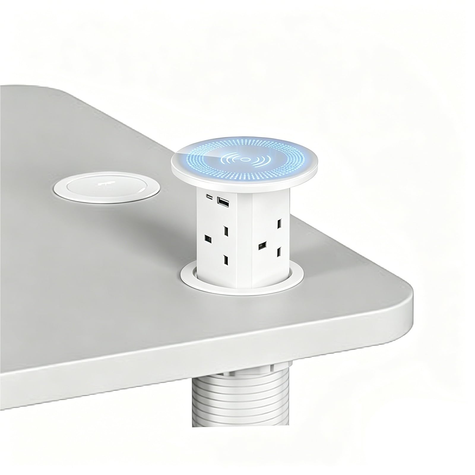 Prise Escamotable Bureau avec Charge sans Fil 15W Ports USB-C et USB-A Multiprise Encastrable pour Ilot de Cuisine Bureau Table de Conference Prise de Plan de Travail Cachee Maison(White)