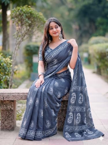 Image of Women's Pure Cotton Printed Saree with Traditional Batik Inspired Border Design, Soft Lightweight Daily Wear Saree with Unstitched Blouse Piece for Festive, Casual and Office Wear