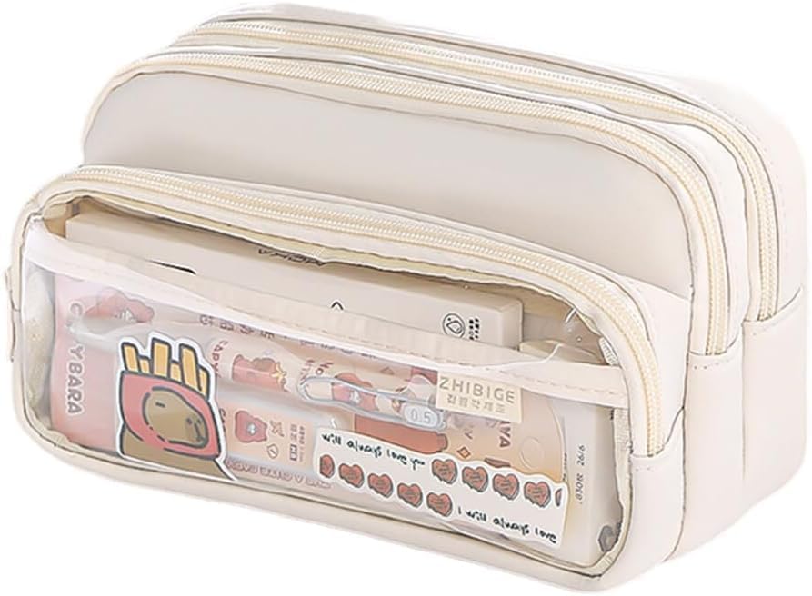 Bprtcra Large Capacity School Pencil Case with 3 Compartments Canvas Pencil Bag Office Makeup Case Pencil Case with Zipper, for Girls and Girls, beige