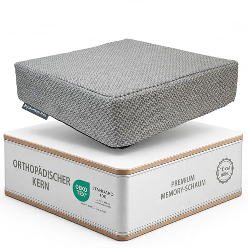 Sitzkissen Orthopädisch mit Memory Foam - Ergonomisches Sitzkissen Stuhl als Sitzerhöhung (10 cm Kissenhöhe) - Für Stuhl Bürostuhl Auto & Rollstuhl - Rutschfest & Waschbar - Stuhlkissen 40x40 Grau