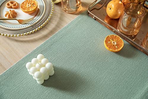 Image of ZeeMart Burlap Style Farmhouse Table Runners 60 Inches Long, Sage Green Rustic Woven Dining Table Runner for Everyday Use, 14x60 Inches, Seafoam