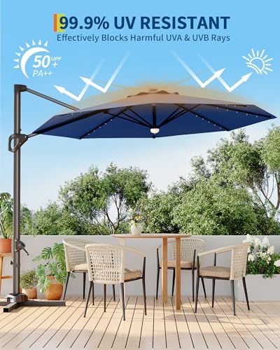10FT Cantilever Umbrella Outdoor Patio Umbrella w/Base Included Market Offset Umbrella Sun Shade Windproof with 360-Degree Rotation for Patio Garden Deck Pool, Navy Blue