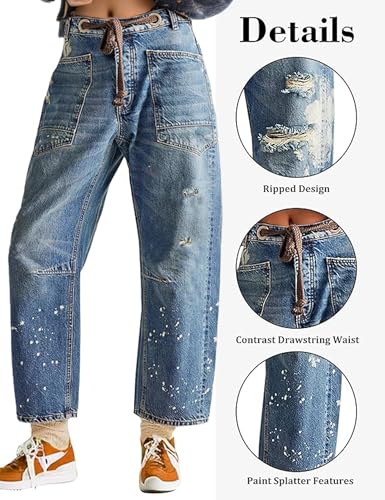 Barrel Jeans Women Trendy Low Rise Drawstring Baggy Jeans Vintage Pant Casual Wide Leg Horseshoe Demin with Pockets4