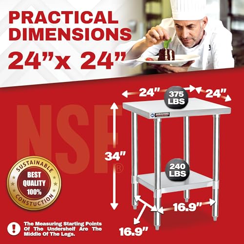 Image of DuraSteel 24x24 Stainless Steel Prep Table - NSF Commercial Outdoor Grill Worktable - Metal Side Mixer Stand with Under Shelf - For Laundry Room, Kitchen, Small Spaces