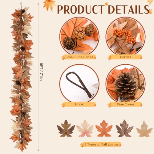 6 Ft Fall Garland with Lights & Timer, Thanksgiving Fireplace Mantel Decor - image 2