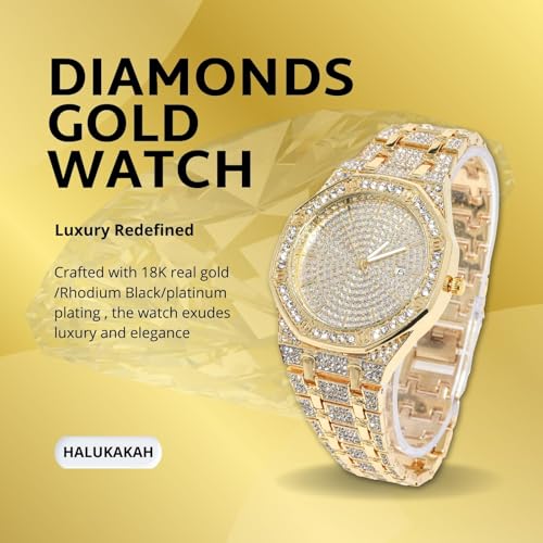 Halukakah Diamonds Watch Iced Out for Boy Teens Kids - 18K Real Gold/Platinum Plated,41mm Octagonal Dial,Japanese Quartz - 7.5" Length - Optional with Cuban Link Chain,with Adjuster Tool -for Birthday2