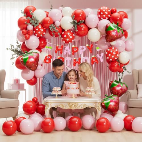 Image of Strawberry Birthday Party Decorations 101pcs, Red Pink Red white Strawberry Balloons with Pink Fringe Curtain Happy Birthday Banner for Sweet Girl Berry First Birthday Baby Shower Party Decor