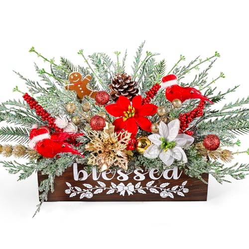 Christmas Table Centerpieces Artificial Floral Arrangements Wooden Crate, Potted Plant with Poinsettia Red Berries Pine Needle Cedar for Christmas Winter Tiered Tray Shelf Table Home Farmhouse Decor